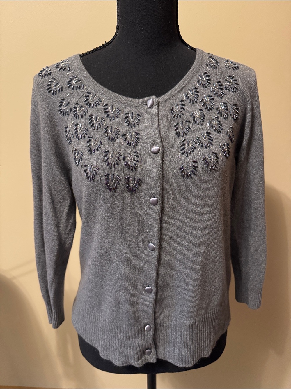 LOFT Gray Embellished Button-Front Cardigan